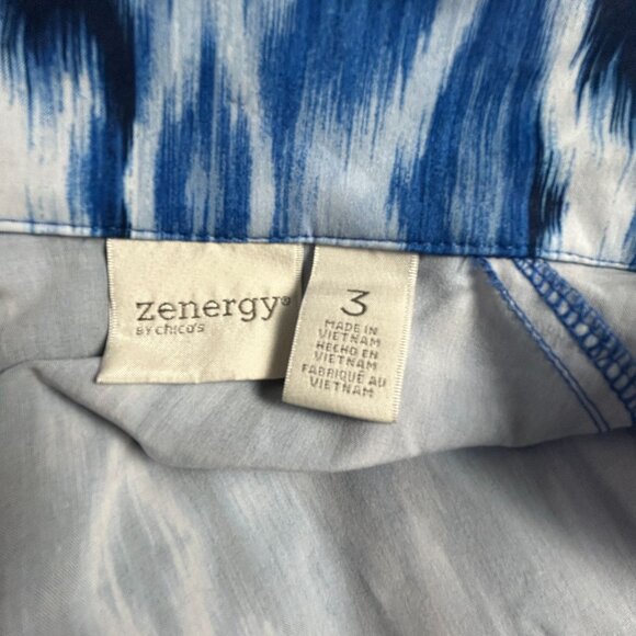 Zenergy By Chico's Womens Blue Ikat Zip Front Jacket Size 3 Stretch 3/4 Sleeve - Picture 3 of 8